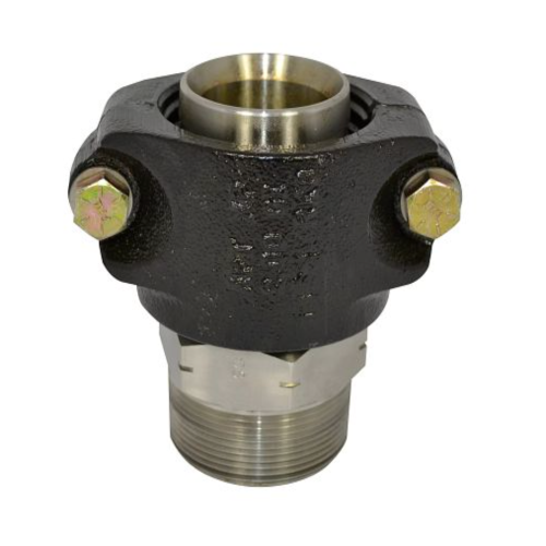 APT™ XP Pipe Fitting, model MS-XP-150-150. The fitting has a black, textured clamshell body with two visible yellow hex bolts on opposite sides. The top of the fitting shows a brass-colored circular opening, likely for pipe insertion. The bottom of the fitting features a stainless steel threaded connector with visible NPT threads. The overall shape is cylindrical with a wider middle section where the clamshell mechanism is located.