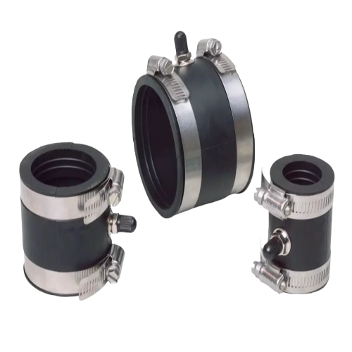 Three APT Clamshell Fitting Test Boots of different sizes displayed against a white background. Each boot consists of a black rubber cylinder with stainless steel bands and clamps on each end. The boots feature adjustable screws and air valve fittings visible on the sides. The largest boot is in the center, with two smaller sizes flanking it on either side, showcasing the range of sizes available for various pipe diameters