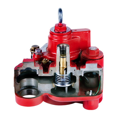 The image shows a cross-section of a Red Jacket submersible turbine pump's packer manifold assembly. Key features include:  Red exterior Cutaway view of internal parts Central brass check valve with spring Multiple chambers and ports Threaded connections Top lifting eye External bolts and fittings Internal seals and gaskets  This view showcases the complex engineering of the packer manifold, critical for controlling fuel flow and ensuring safe operation in underground fuel storage systems.