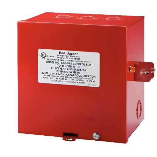 This image shows a Red Jacket control box, model number 880-D46. It's a bright red, cube-shaped metal enclosure designed for industrial control applications. Key details visible on the product label:  Manufactured by Veeder-Root Company UL Listed for safety Intended for use with 4" solvent and PDCTA pumping systems Must be installed in a non-hazardous location Operates on 3-wire, 115/230 volts AC, 1PH, 50/60Hz Rated for 1-1/2 HP motors Has automatic reset for motor overload protection