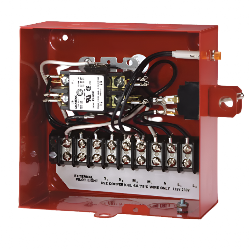 This image shows the interior of a Red Jacket control box, revealing its key components:  1. Red metal enclosure 2. Large terminal block at the bottom with labeled connection points 3. Relay or contactor in the upper left corner 4. Various wires (black, white, green) connecting components 5. Multiple brass screws and connection points 6. Label specifying copper wire and voltage requirements 7. Cable entry points on the right side 8. Grounding screw at bottom right